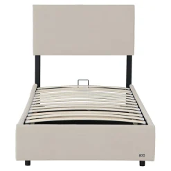 Lit coffre Juva rembourré avec velours côtelé 90 x 200 cm beige><noscript><img width=