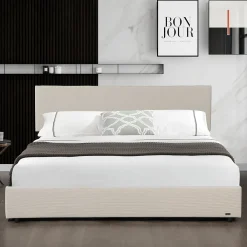 Lit coffre Juva rembourré avec velours côtelé 140 x 200 cm beige><noscript><img width=