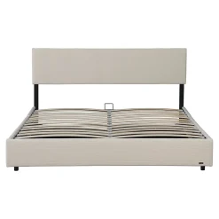 Lit coffre Juva rembourré avec velours côtelé 140 x 200 cm beige><noscript><img width=