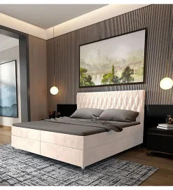 Lit Coffre KINGSTON 160x200 cm Velours Beige avec Tete de Lit Matelas Inclus et Rangement Integre>Pro Et Discount Online