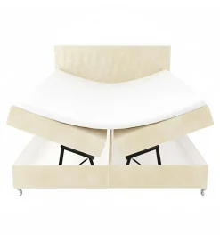 Lit Coffre KINGSTON 160x200 cm Velours Beige avec Tete de Lit Matelas Inclus et Rangement Integre><noscript><img width=