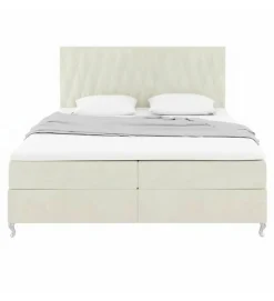 Lit Coffre KINGSTON 160x200 cm Velours Beige avec Tete de Lit Matelas Inclus et Rangement Integre><noscript><img width=