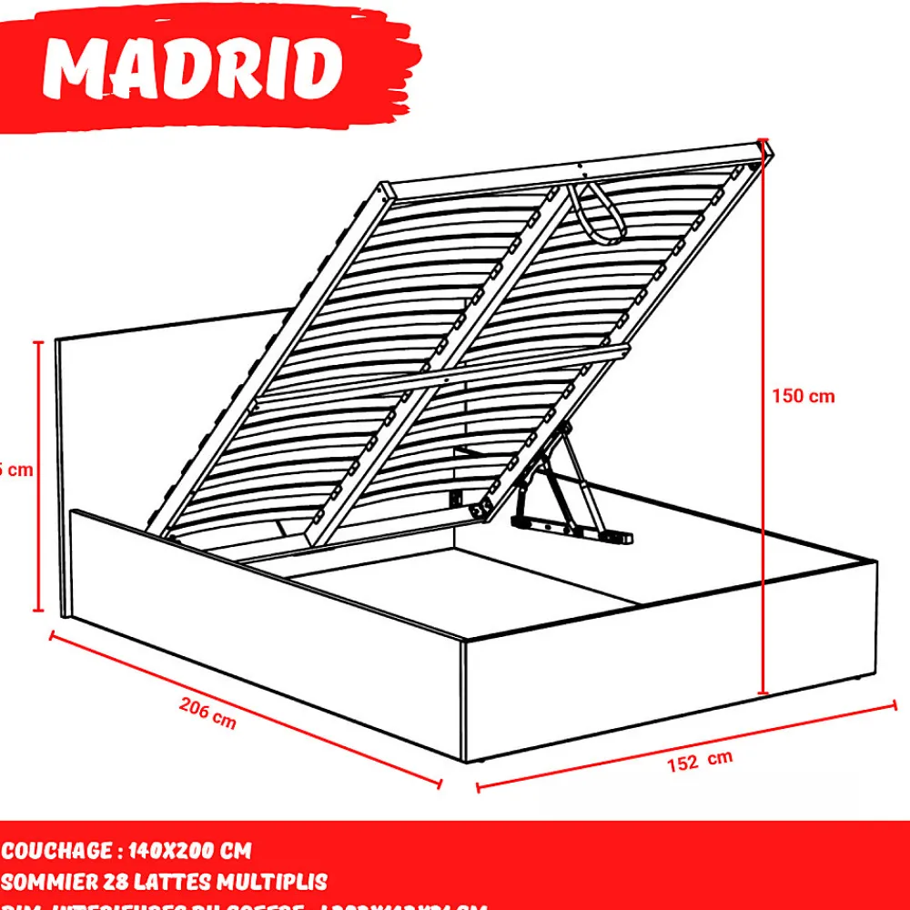 Lit coffre MADRID 140x200 + 1 sommier / Blanc>Weber Industries Discount