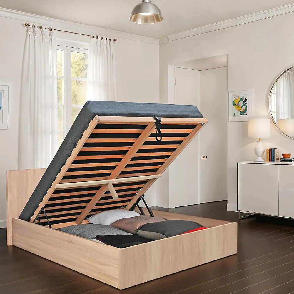 Weber Industries Lit coffre MADRID 180x200 + 1 sommier / Décor Chêne Blanchi* Lit Coffre