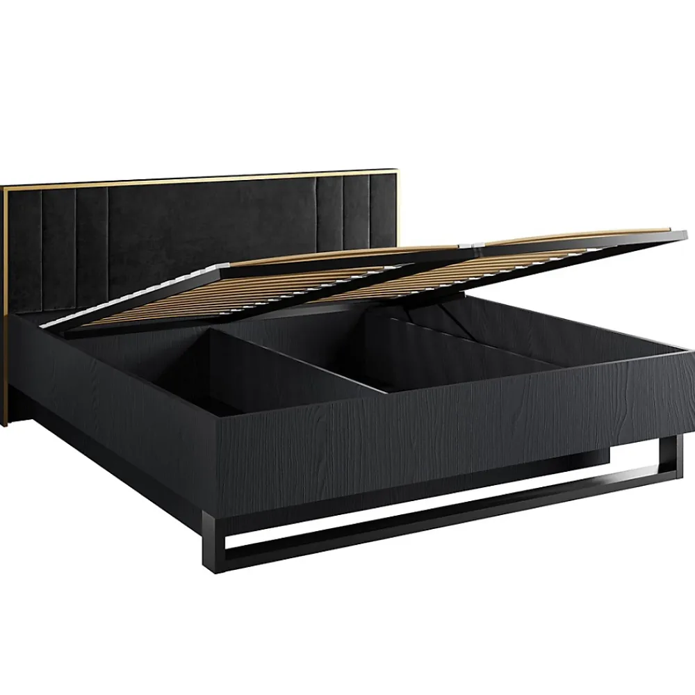 Meublorama Lit coffre MONDO 160x200 cm Noir structuré et doré Pieds métal Sommier inclus* Lit Double