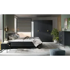 Meublorama Lit coffre MONDO 160x200 cm Noir structuré et doré Pieds métal Sommier inclus* Lit Double