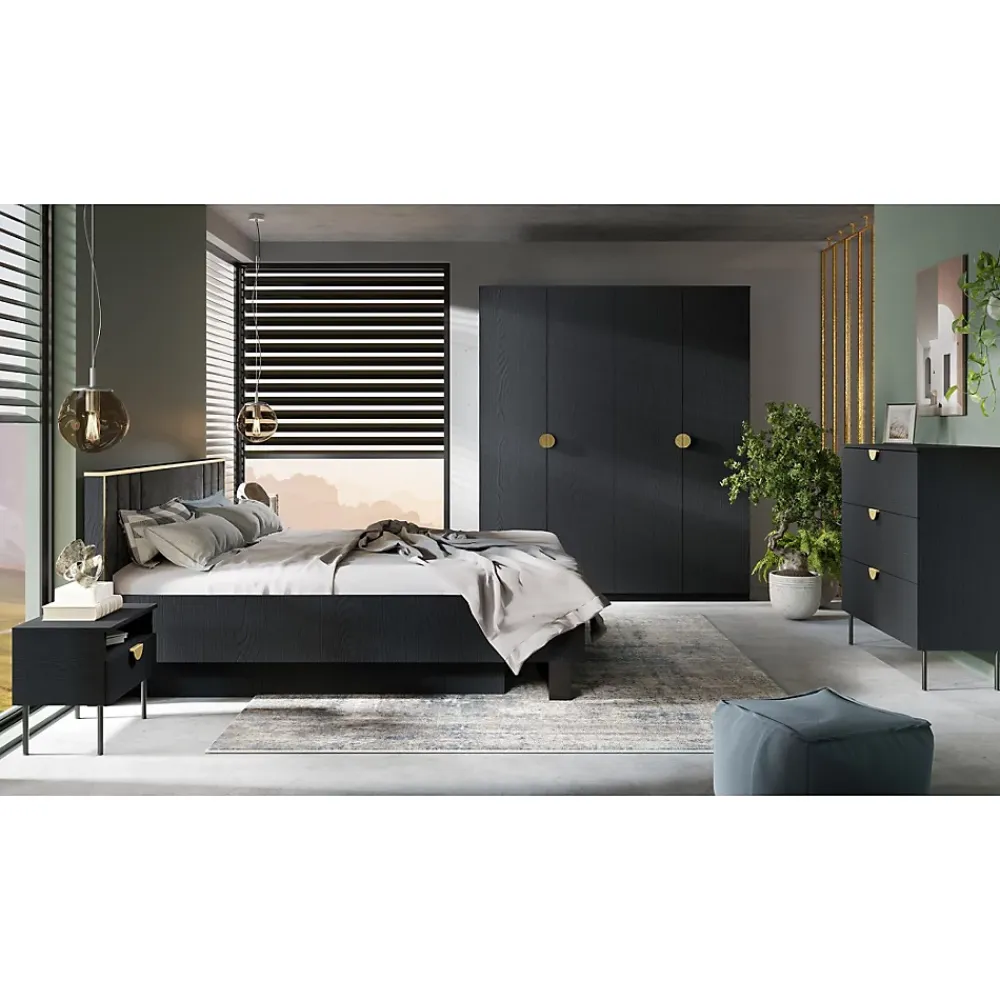 Meublorama Lit coffre MONDO 160x200 cm Noir structuré et doré Pieds métal Sommier inclus* Lit Double
