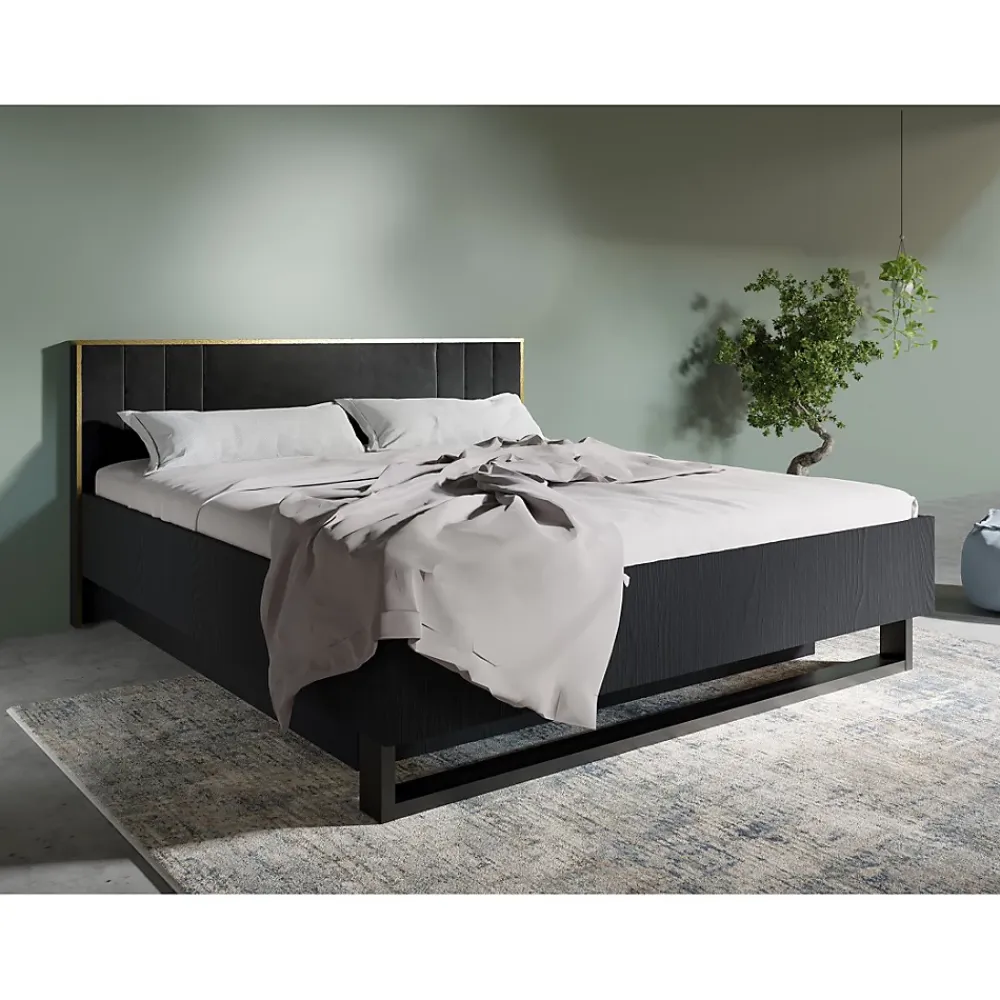 Meublorama Lit coffre MONDO 160x200 cm Noir structuré et doré Pieds métal Sommier inclus* Lit Double