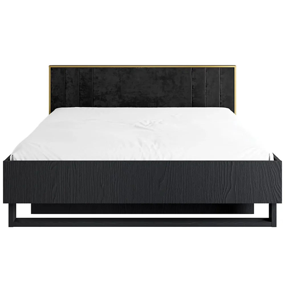 Meublorama Lit coffre MONDO 160x200 cm Noir structuré et doré Pieds métal Sommier inclus* Lit Double