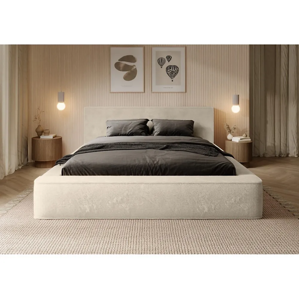Meublorama Lit coffre ORLANE Beige Velours de dune 180x200 cm Sommier relevable Design haut de gamme* Lit Double