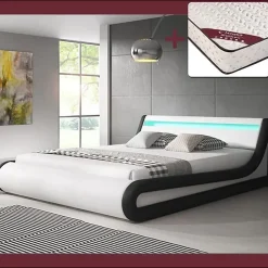 Design Ameublement Lit coffre PARISINA 180x200 cm blanc et noir simili cuir LED* Ensemble Sommier Et Matelas