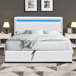 Nuits D'Or Lit coffre rangement 140x190 cm avec tete de lit LED - 12 lattes - montage rapide et facile - confort optimal - design moderne -* Lit Coffre