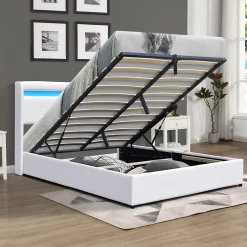 Nuits D'Or Lit coffre rangement 140x190 cm avec tete de lit LED - 12 lattes - montage rapide et facile - confort optimal - design moderne -* Lit Coffre