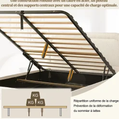 ModernLuxe Lit coffre rembourré 140x190 cm avec rangement - Tête de lit rembourrée - Sommier à lattes - Tissu bouclé - Beige(sans matelas)* Lit Coffre