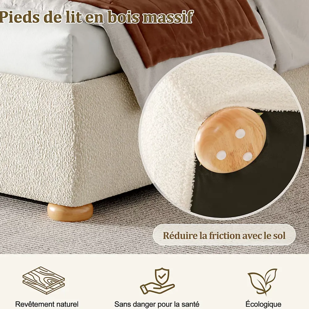 ModernLuxe Lit coffre rembourré 140x190 cm avec rangement - Tête de lit rembourrée - Sommier à lattes - Tissu bouclé - Beige(sans matelas)* Lit Coffre