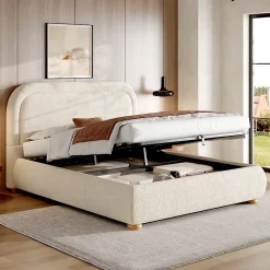 ModernLuxe Lit coffre rembourré 140x190 cm avec rangement - Tête de lit rembourrée - Sommier à lattes - Tissu bouclé - Beige(sans matelas)* Lit Coffre