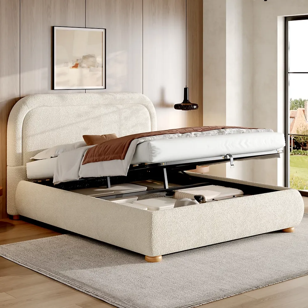 ModernLuxe Lit coffre rembourré 140x190 cm avec rangement - Tête de lit rembourrée - Sommier à lattes - Tissu bouclé - Beige(sans matelas)* Lit Coffre