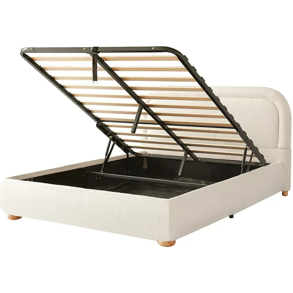 ModernLuxe Lit coffre rembourré 140x190 cm avec rangement - Tête de lit rembourrée - Sommier à lattes - Tissu bouclé - Beige(sans matelas)* Lit Coffre