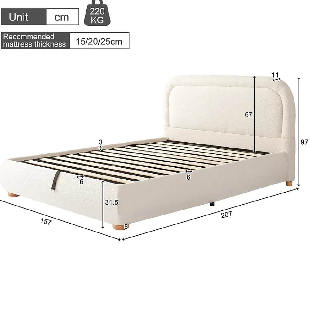 ModernLuxe Lit coffre rembourré 140x190 cm avec rangement - Tête de lit rembourrée - Sommier à lattes - Tissu bouclé - Beige(sans matelas)* Lit Coffre