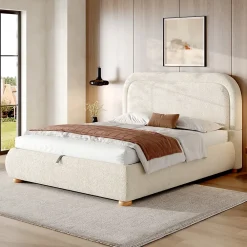 ModernLuxe Lit coffre rembourré 140x190 cm avec rangement - Tête de lit rembourrée - Sommier à lattes - Tissu bouclé - Beige(sans matelas)* Lit Coffre