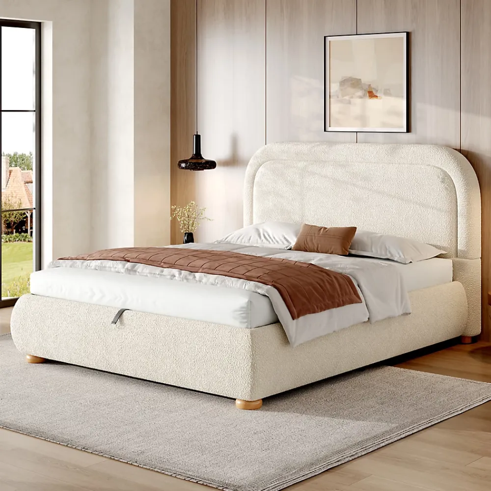 ModernLuxe Lit coffre rembourré 140x190 cm avec rangement - Tête de lit rembourrée - Sommier à lattes - Tissu bouclé - Beige(sans matelas)* Lit Coffre