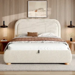 ModernLuxe Lit coffre rembourré 140x190 cm avec rangement - Tête de lit rembourrée - Sommier à lattes - Tissu bouclé - Beige(sans matelas)* Lit Coffre