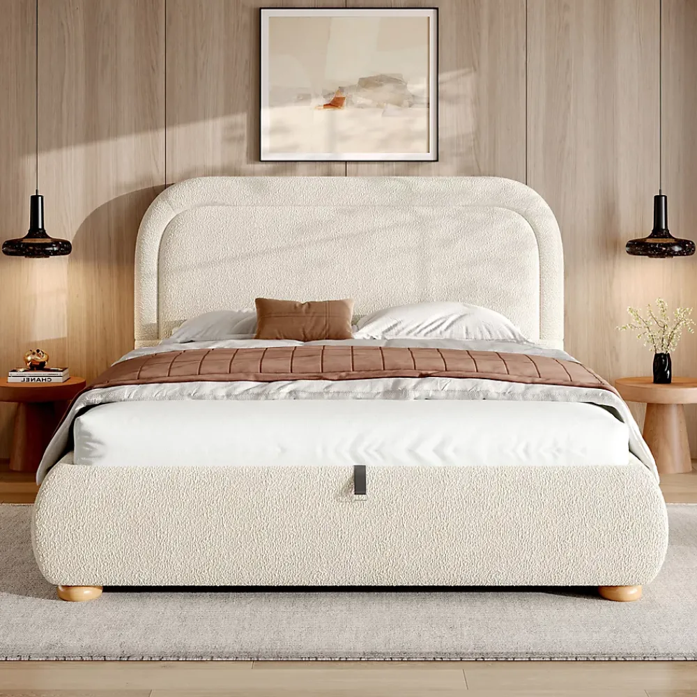 ModernLuxe Lit coffre rembourré 140x190 cm avec rangement - Tête de lit rembourrée - Sommier à lattes - Tissu bouclé - Beige(sans matelas)* Lit Coffre