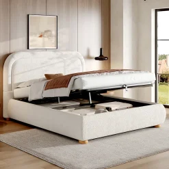 Lit coffre rembourré 140x190 cm avec rangement - Tête de lit rembourrée - Sommier à lattes - Tissu bouclé - Blanc(sans matelas)>ModernLuxe Outlet