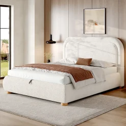 Lit coffre rembourré 140x190 cm avec rangement - Tête de lit rembourrée - Sommier à lattes - Tissu bouclé - Blanc(sans matelas)>ModernLuxe Outlet