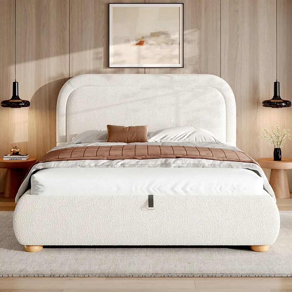Lit coffre rembourré 140x190 cm avec rangement - Tête de lit rembourrée - Sommier à lattes - Tissu bouclé - Blanc(sans matelas)>ModernLuxe Outlet