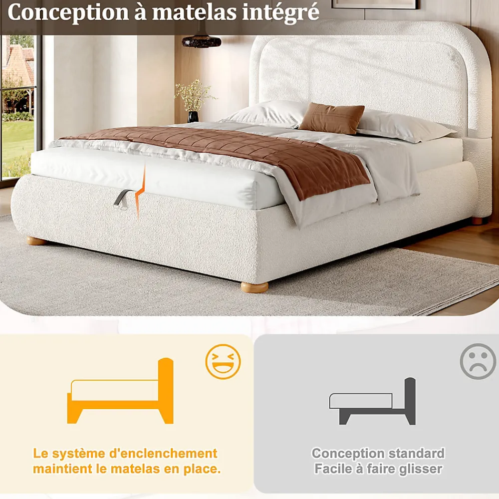 Lit coffre rembourré 140x190 cm avec rangement - Tête de lit rembourrée - Sommier à lattes - Tissu bouclé - Blanc(sans matelas)>ModernLuxe Outlet