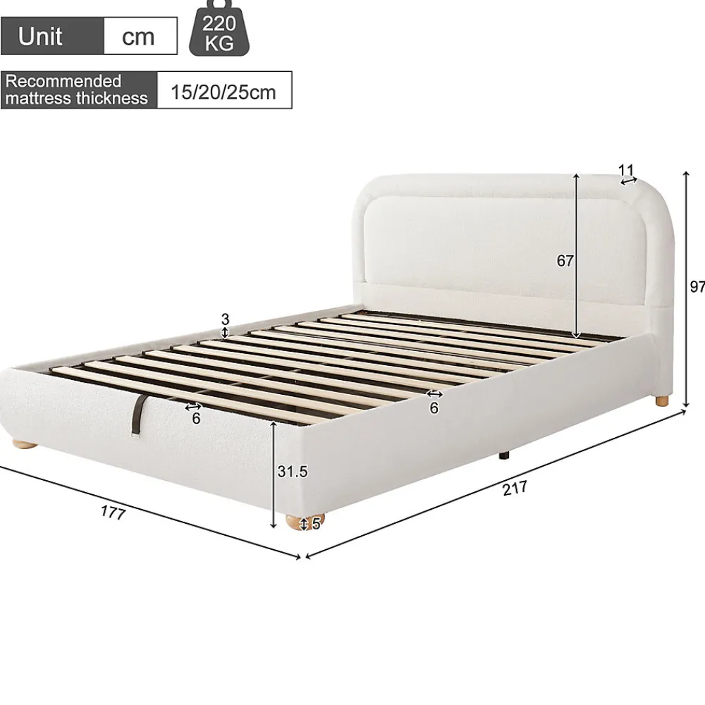 Lit coffre rembourré 140x190 cm avec rangement - Tête de lit rembourrée - Sommier à lattes - Tissu bouclé - Blanc(sans matelas)>ModernLuxe Outlet