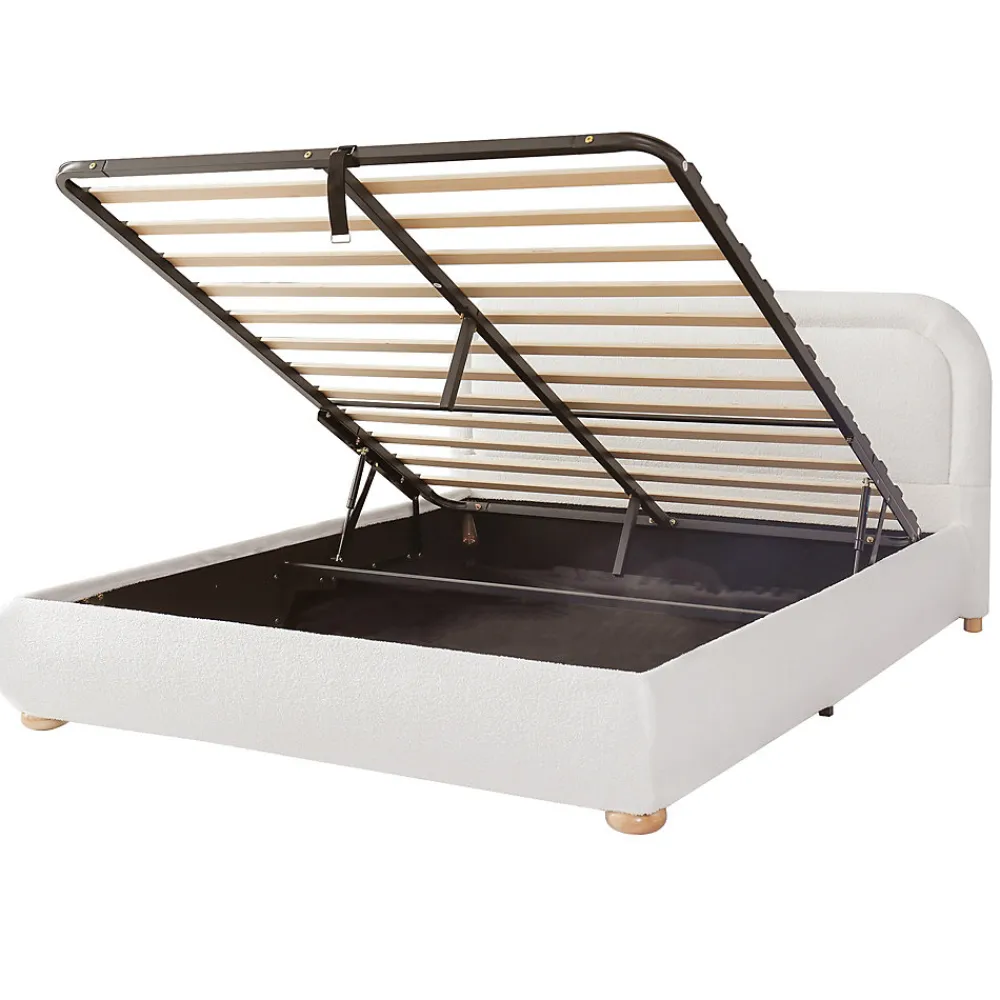 Lit coffre rembourré 140x190 cm avec rangement - Tête de lit rembourrée - Sommier à lattes - Tissu bouclé - Blanc(sans matelas)>ModernLuxe Outlet