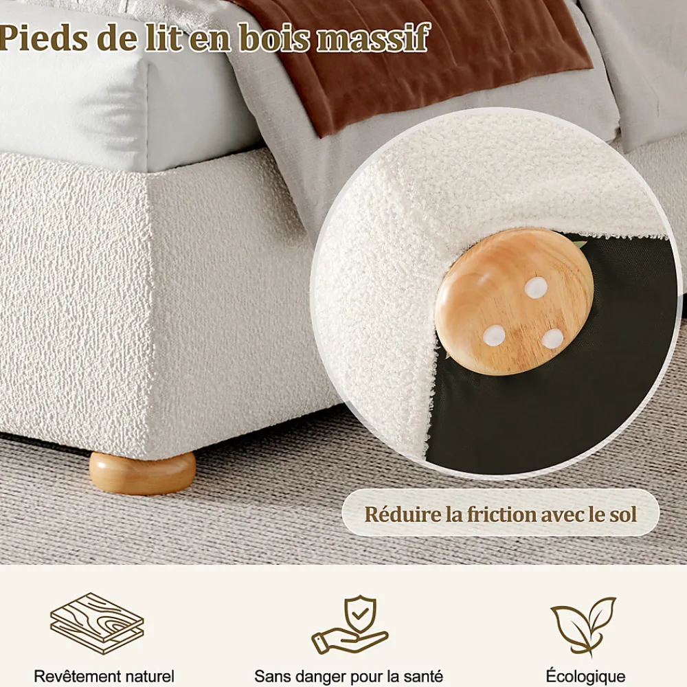 Lit coffre rembourré 140x190 cm avec rangement - Tête de lit rembourrée - Sommier à lattes - Tissu bouclé - Blanc(sans matelas)>ModernLuxe Outlet