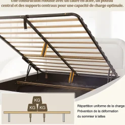 Lit coffre rembourré 140x190 cm avec rangement - Tête de lit rembourrée - Sommier à lattes - Tissu bouclé - Blanc(sans matelas)><noscript><img width=