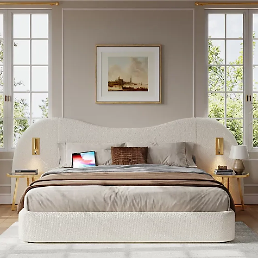 ModernLuxe Lit coffre rembourré 180x200 cm - Avec USB et lampe de lecture - Tête de lit rembourrée - Tissu bouclé - Blanc (sans matelas)* Lit Coffre