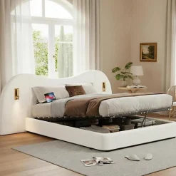 ModernLuxe Lit coffre rembourré 180x200 cm - Avec USB et lampe de lecture - Tête de lit rembourrée - Tissu bouclé - Blanc (sans matelas)* Lit Coffre
