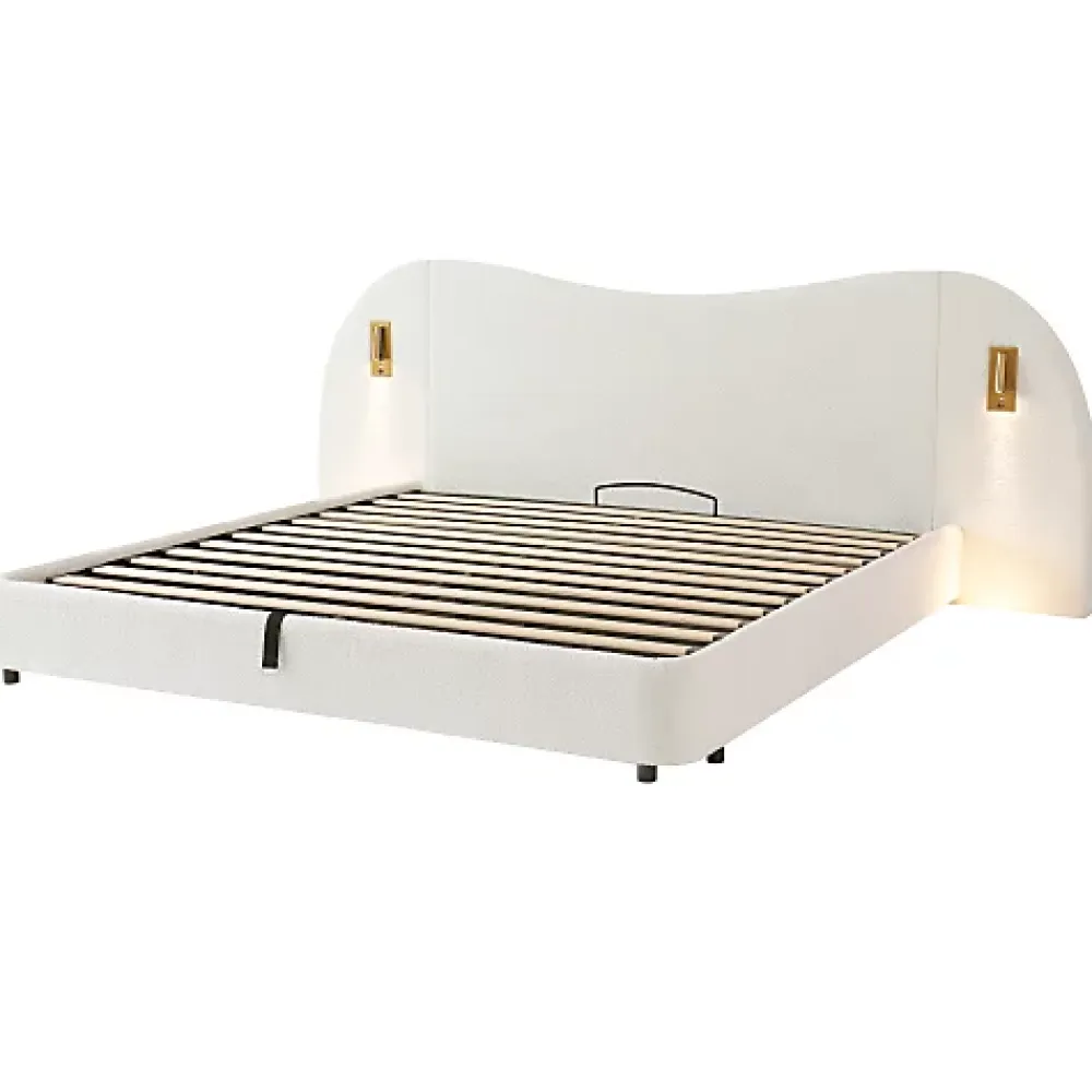 ModernLuxe Lit coffre rembourré 180x200 cm - Avec USB et lampe de lecture - Tête de lit rembourrée - Tissu bouclé - Blanc (sans matelas)* Lit Coffre