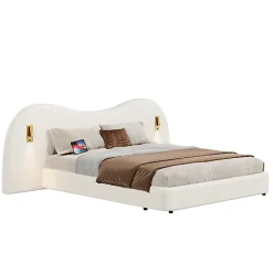 ModernLuxe Lit coffre rembourré 180x200 cm - Avec USB et lampe de lecture - Tête de lit rembourrée - Tissu bouclé - Blanc (sans matelas)* Lit Coffre