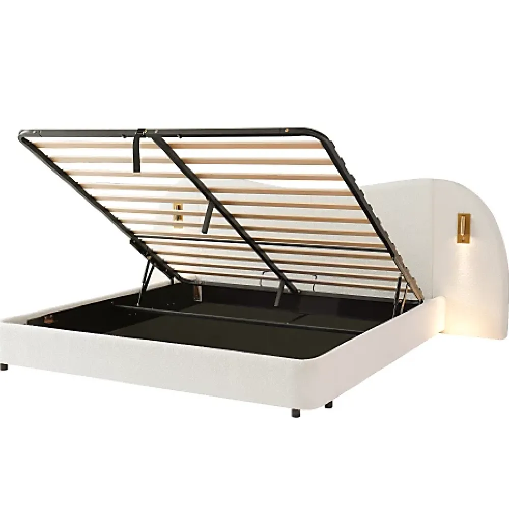 ModernLuxe Lit coffre rembourré 180x200 cm - Avec USB et lampe de lecture - Tête de lit rembourrée - Tissu bouclé - Blanc (sans matelas)* Lit Coffre