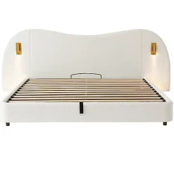 ModernLuxe Lit coffre rembourré 180x200 cm - Avec USB et lampe de lecture - Tête de lit rembourrée - Tissu bouclé - Blanc (sans matelas)* Lit Coffre
