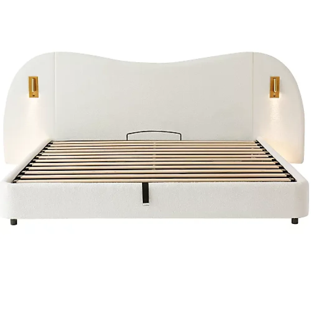 ModernLuxe Lit coffre rembourré 180x200 cm - Avec USB et lampe de lecture - Tête de lit rembourrée - Tissu bouclé - Blanc (sans matelas)* Lit Coffre