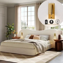 ModernLuxe Lit coffre rembourré 180x200 cm - Avec USB et lampe de lecture - Tête de lit rembourrée - Tissu bouclé - Blanc (sans matelas)* Lit Coffre