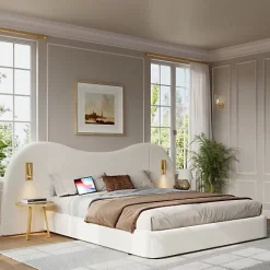 ModernLuxe Lit coffre rembourré 180x200 cm - Avec USB et lampe de lecture - Tête de lit rembourrée - Tissu bouclé - Blanc (sans matelas)* Lit Coffre
