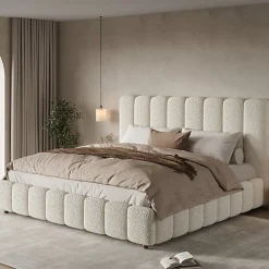 Lit coffre rembourré 180x200cm - Tête de lit rembourrée - Rangement sous le lit - Sommier à lattes - Bouclé - Blanc(sans matelas)>ModernLuxe