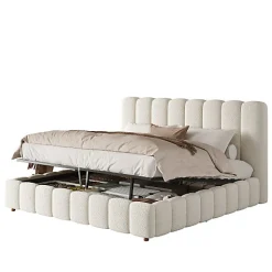 Lit coffre rembourré 180x200cm - Tête de lit rembourrée - Rangement sous le lit - Sommier à lattes - Bouclé - Blanc(sans matelas)><noscript><img width=