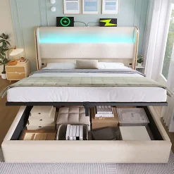 Lit coffre rembourré 140x200cm avec éclairage LED - ports USB et Type-C - tissu en Lin - Beige (sans matelas)><noscript><img width=