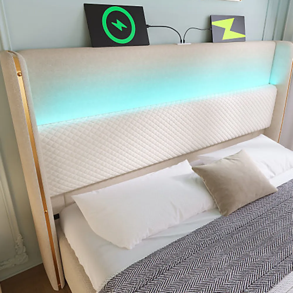 Lit coffre rembourré 140x200cm avec éclairage LED - ports USB et Type-C - tissu en Lin - Beige (sans matelas)>ModernLuxe Clearance