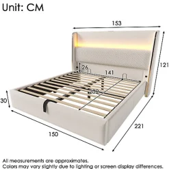 Lit coffre rembourré 140x200cm avec éclairage LED - ports USB et Type-C - tissu en Lin - Beige (sans matelas)><noscript><img width=