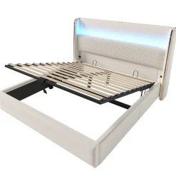 Lit coffre rembourré 140x200cm avec éclairage LED - ports USB et Type-C - tissu en Lin - Beige (sans matelas)><noscript><img width=